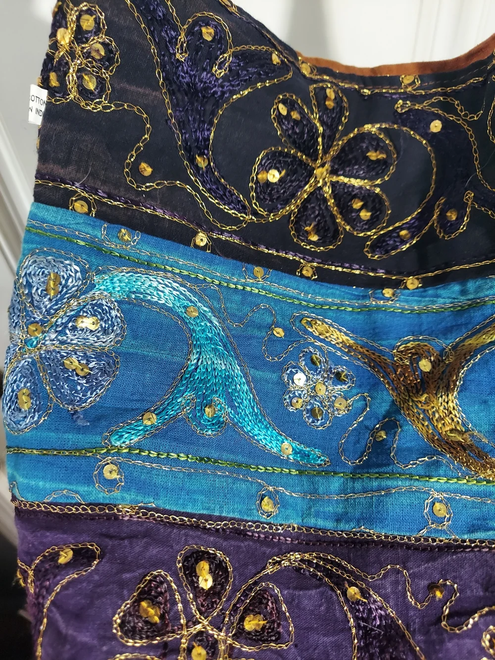 Embroidered Multicolor Hobo Bag - Blue, Purple, Black